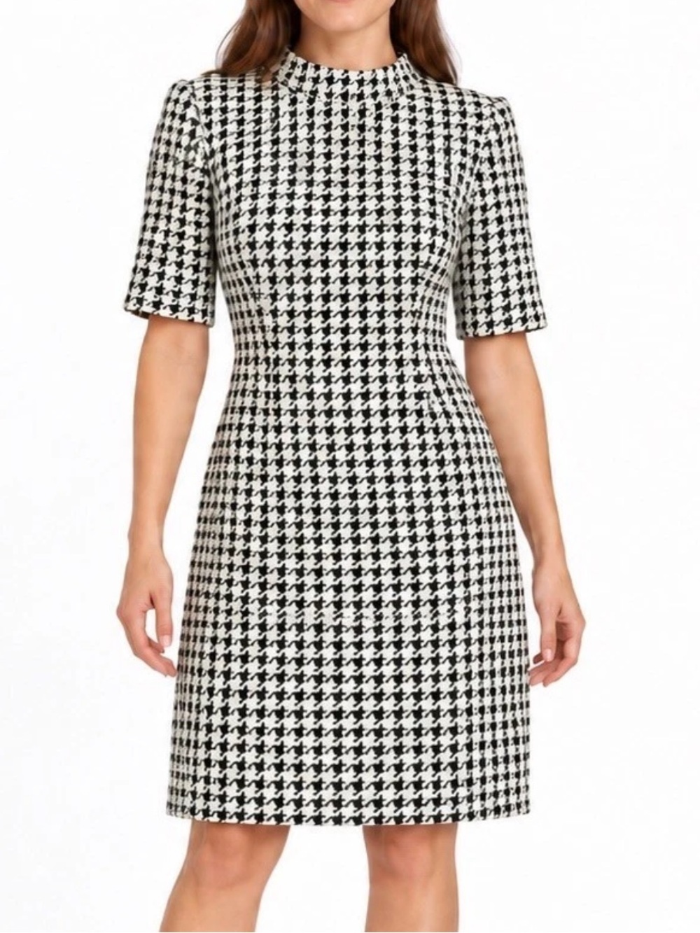 Chaps Houndstooth Plaid Mock Neck Knit Dress Short Sleeve Bodycon Shift Size S